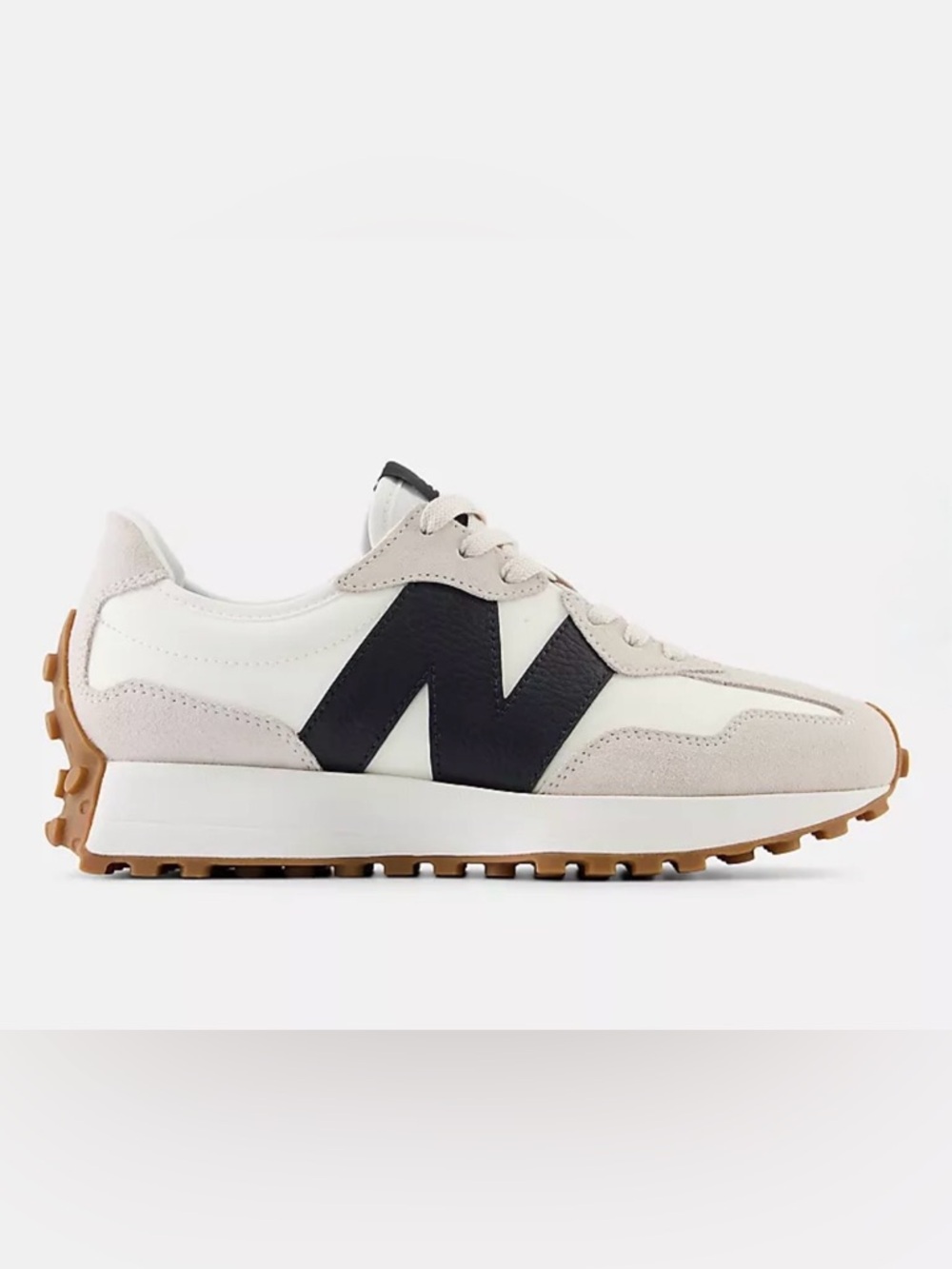 New Balance 327 Runner in White, Black & Beige Suede